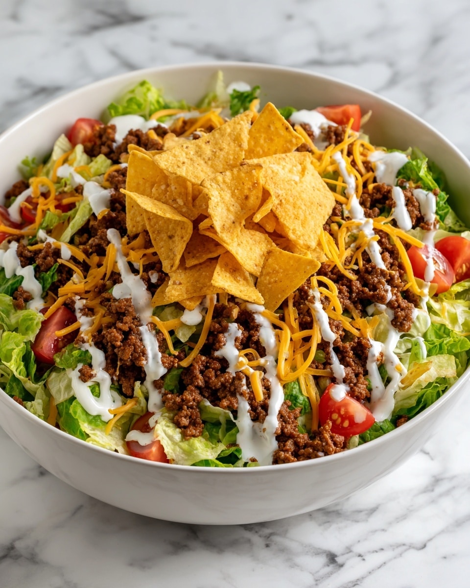 A white bowl filled with a layered taco salad starts with a base of crisp green lettuce. On top of the lettuce, there are crumbled brown cooked ground beef, evenly spread with bits visible throughout. This is followed by bright red tomato slices scattered across. Shredded orange cheddar cheese is sprinkled over the tomato and beef. Large, yellow, triangular tortilla chips are placed on the very top, some broken into smaller pieces. Drizzled lightly over the layers is white creamy dressing. The bowl sits on a white marbled surface. photo taken with an iphone --ar 4:5 --v 7