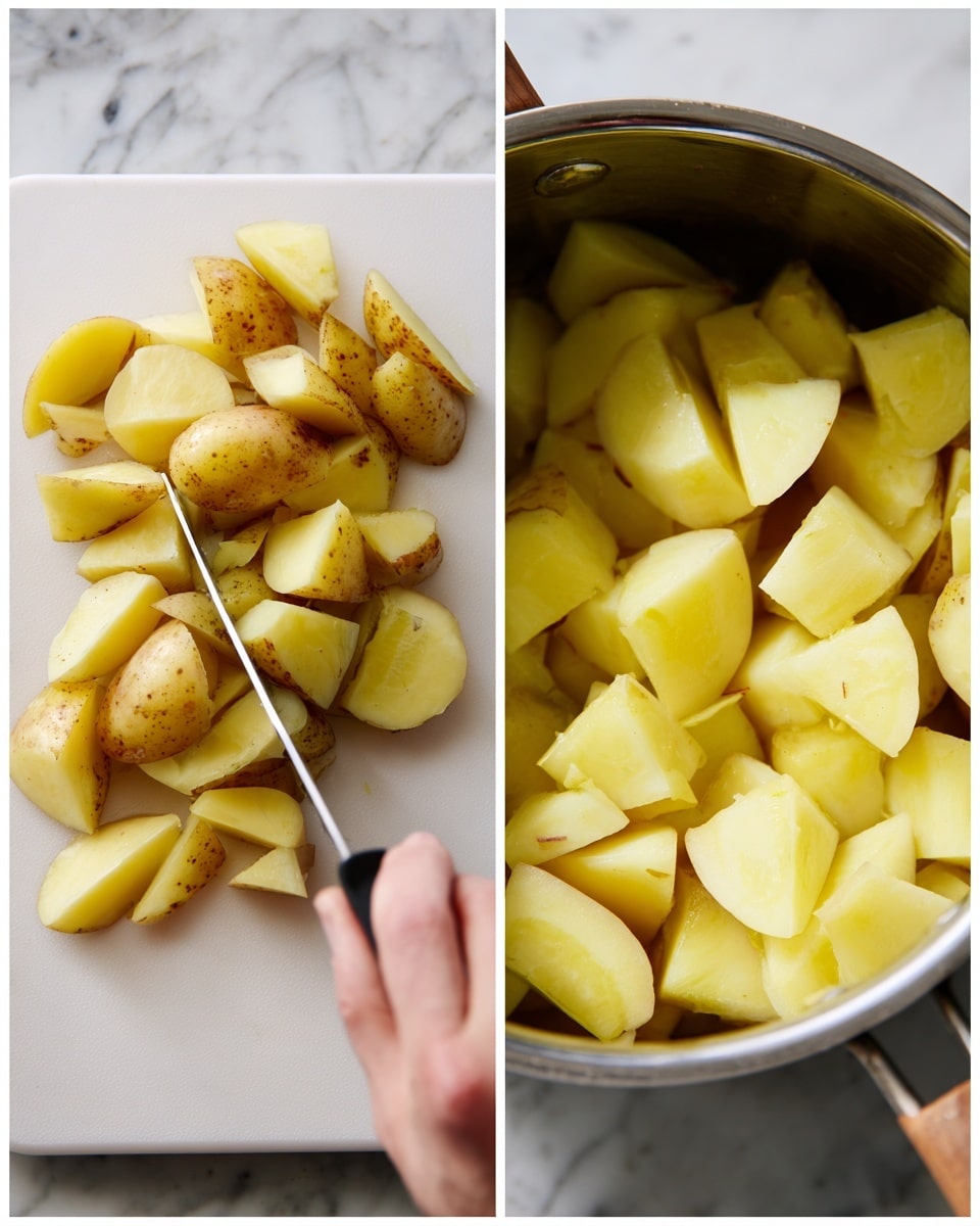The image shows two side-by-side photos. On the left, a woman's hand holds a knife slicing pale yellow potato pieces on a white cutting board on a white marbled surface. The potato pieces have light brown spots on the skin and are cut into thick, uneven shapes. On the right, a close-up inside a metal pot filled with the same pale yellow potato pieces, now roughly chopped into cubes, with a smooth texture and light brown skin spots still visible. The pot sits on a white marbled surface. photo taken with an iphone --ar 4:5 --v 7