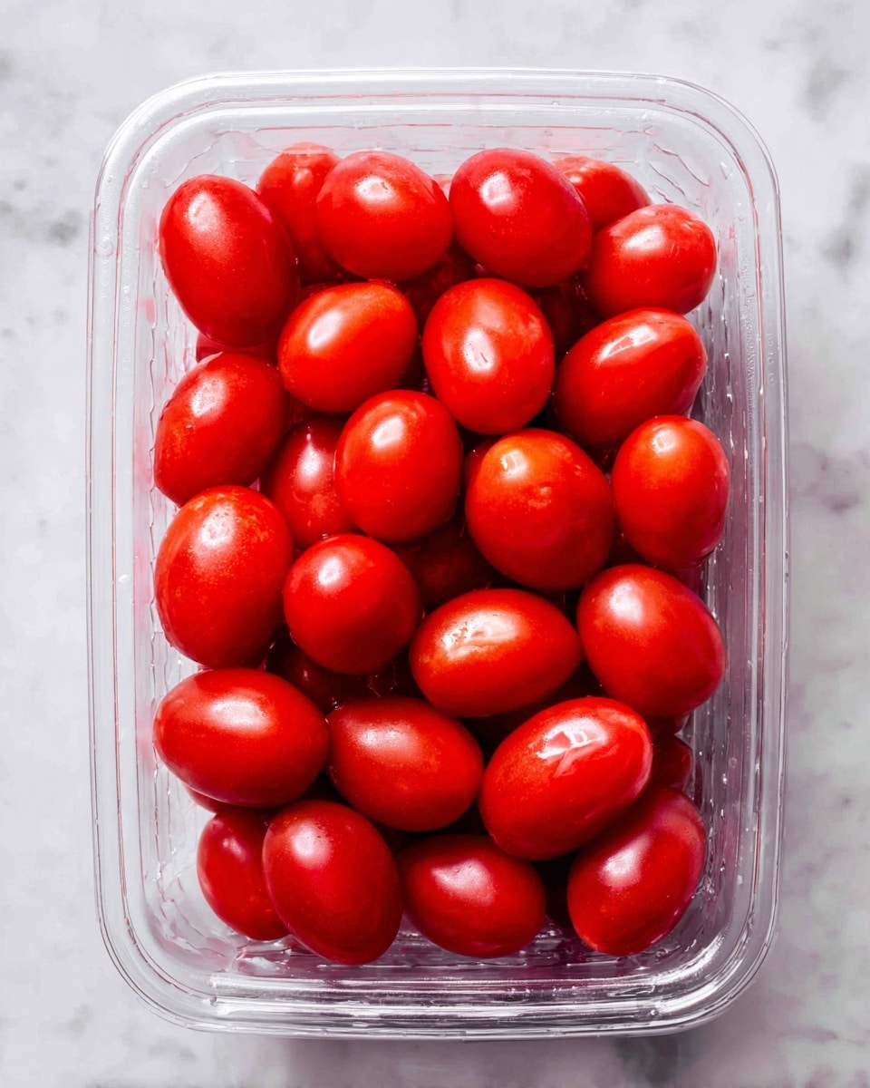 A clear plastic container filled with many small, smooth, bright red tomatoes with a shiny skin. The tomatoes are round to oval-shaped and packed close together, filling the container fully. The container sits on a white marbled surface, and the whole scene is bright and clear. photo taken with an iphone --ar 4:5 --v 7