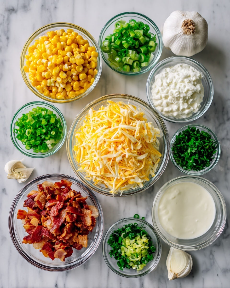 The image shows several small clear glass bowls arranged on a white marbled surface, each holding different ingredients. The largest bowl near the center holds bright yellow corn kernels, and below it is a bowl with shredded yellow cheese. In the middle is a bowl with pieces of cooked bacon that are reddish-brown. Around these, there are smaller bowls with chopped green onions, finely chopped green chili peppers, and fresh green herbs. There are also bowls with white sour cream, minced garlic, clear liquid likely lemon juice, and another pale liquid. A whole garlic bulb is placed near the top right corner. The arrangement is neat and colorful, showing fresh and varied ingredients ready to be used. Photo taken with an iphone --ar 4:5 --v 7