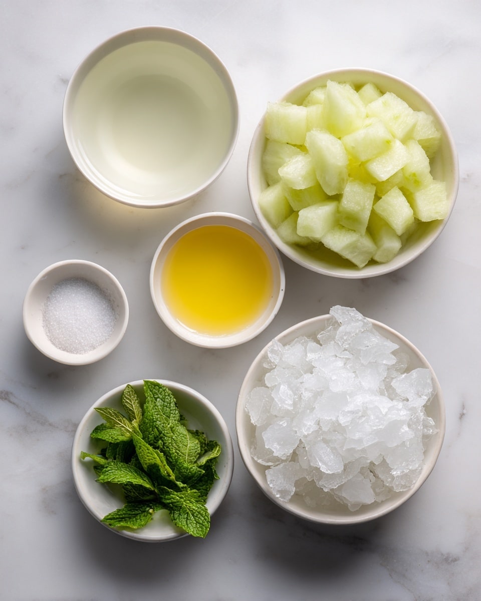 The image shows six white bowls on a white marbled surface. The largest bowl, placed at the bottom right, contains crushed ice with a rough white texture. Above it, to the left, is a smaller bowl filled with clear water. To the left of the water, there is a bowl full of chopped winter melon pieces, pale green with a slightly translucent texture. To the right of the melon, a small bowl contains yellowish lemon juice with a smooth surface. Next to the lemon juice, another small bowl holds fresh green mint leaves with a slightly wrinkled texture. Lastly, a small bowl of white granulated sugar is placed at the bottom left near the water. photo taken with an iphone --ar 4:5 --v 7