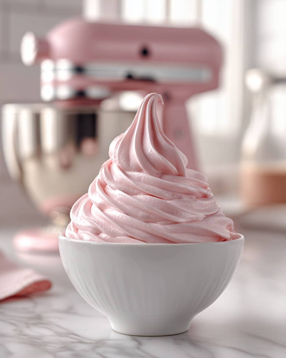 A white bowl filled with a thick, light pink whipped cream texture, swirled high with soft peaks sitting on top, placed on a white marbled surface. In the blurred background, there is a pink stand mixer with a shiny metal mixing bowl attached, emphasizing a bright kitchen setting with soft natural light coming from a window. The overall color palette is pastel and light, focusing on the smooth, fluffy pink whipped topping that fills the bowl generously. photo taken with an iphone --ar 4:5 --v 7