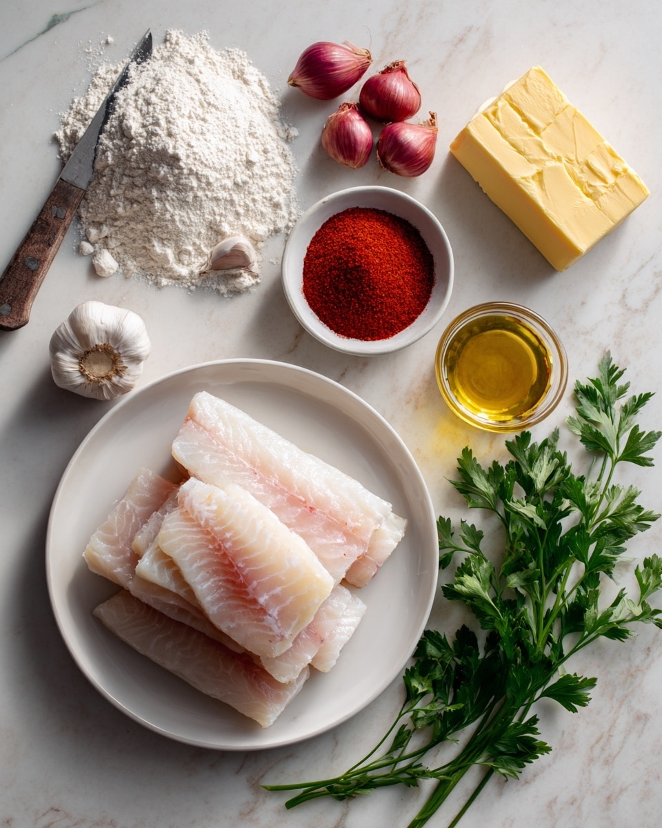 The image shows ingredients neatly arranged on a white marbled surface. At the center bottom, there is a white plate with four light pink cod fillets stacked slightly overlapping each other. Above the plate, to the right, there is a small pile of white flour and a metallic knife with a dark handle. To the left of the flour is a small bulb of garlic with one clove peeled. Above the garlic, there are three small, reddish shallots grouped together. To the right of shallots, a rectangular block of yellow butter lies flat. Below the butter, there is a small round bowl filled with bright red paprika powder. Further left from paprika, a small glass container holds golden extra virgin olive oil. At the bottom right corner, there is a bunch of fresh green parsley with some leaves spread out. The layout is clean and spaced with a soft natural light. photo taken with an iphone --ar 4:5 --v 7