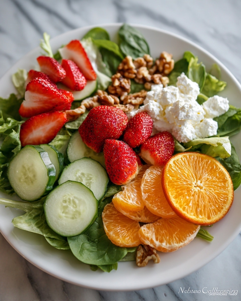 A white bowl filled with fresh green leafy lettuce as the base layer, topped with bright red strawberry halves, light green sliced cucumber rounds, and vibrant orange half-circle orange slices scattered evenly on top. Small clusters of white cottage cheese are spread across the salad, along with crunchy light brown walnut pieces adding texture. The salad is colorful with contrasting textures, all placed on a white marbled surface. photo taken with an iphone --ar 4:5 --v 7