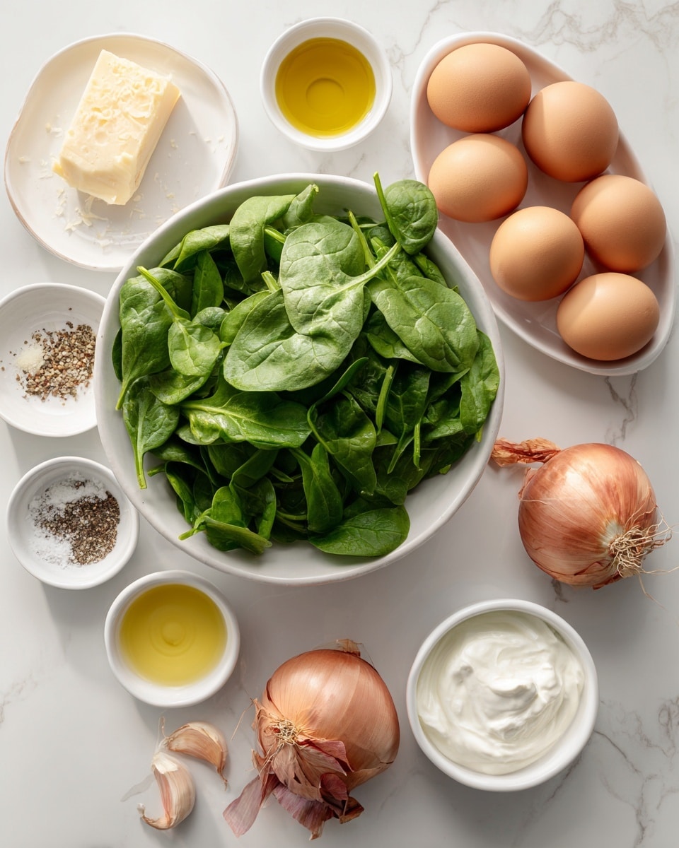 The image shows a white bowl filled with fresh green spinach leaves placed on a white marbled surface. Around the bowl are small white dishes holding ingredients: one with a light yellow block of Gruyere cheese, another with cracked black pepper and salt, a third with a small amount of golden olive oil, and one with minced garlic. A white plate holds six brown eggs arranged neatly, and next to it are two whole shallots with their reddish skin. A small white bowl contains heavy cream. The overall setup is clean and bright with a focus on fresh ingredients on a white marbled background, photo taken with an iphone --ar 4:5 --v 7