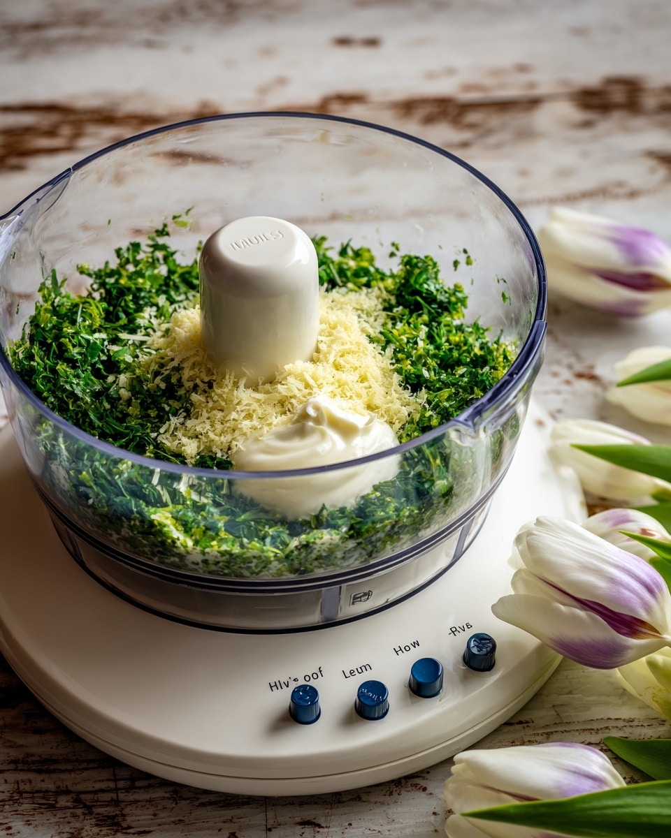 A clear food processor bowl with a white base is filled with bright green herbs, including parsley and chives, with a layer of finely grated pale yellow zest and a dollop of creamy white substance on one side. The machine sits on a white marbled surface with a rustic wood background, and three white tulips with soft purple stripes lie to the right of the food processor. The control panel on the base shows four blue buttons labeled High, Low, Off, and Pulse. Photo taken with an iphone --ar 4:5 --v 7