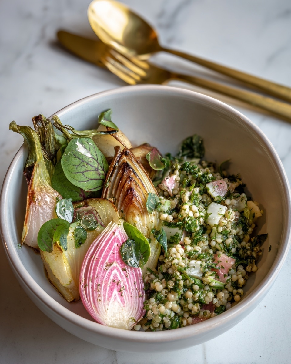 A close-up of a white bowl filled with two main parts: on the right, soft, small, grain-like pieces mixed with fresh green herbs, giving a light creamy and speckled green look; on the left, roasted vegetables including browned, slightly caramelized radish pieces with pink edges and pale yellow fennel with light browning, garnished with fresh green leafy herbs and thin green slices. The bowl sits on a white marbled surface, with a gold spoon and fork placed above it. photo taken with an iphone --ar 4:5 --v 7