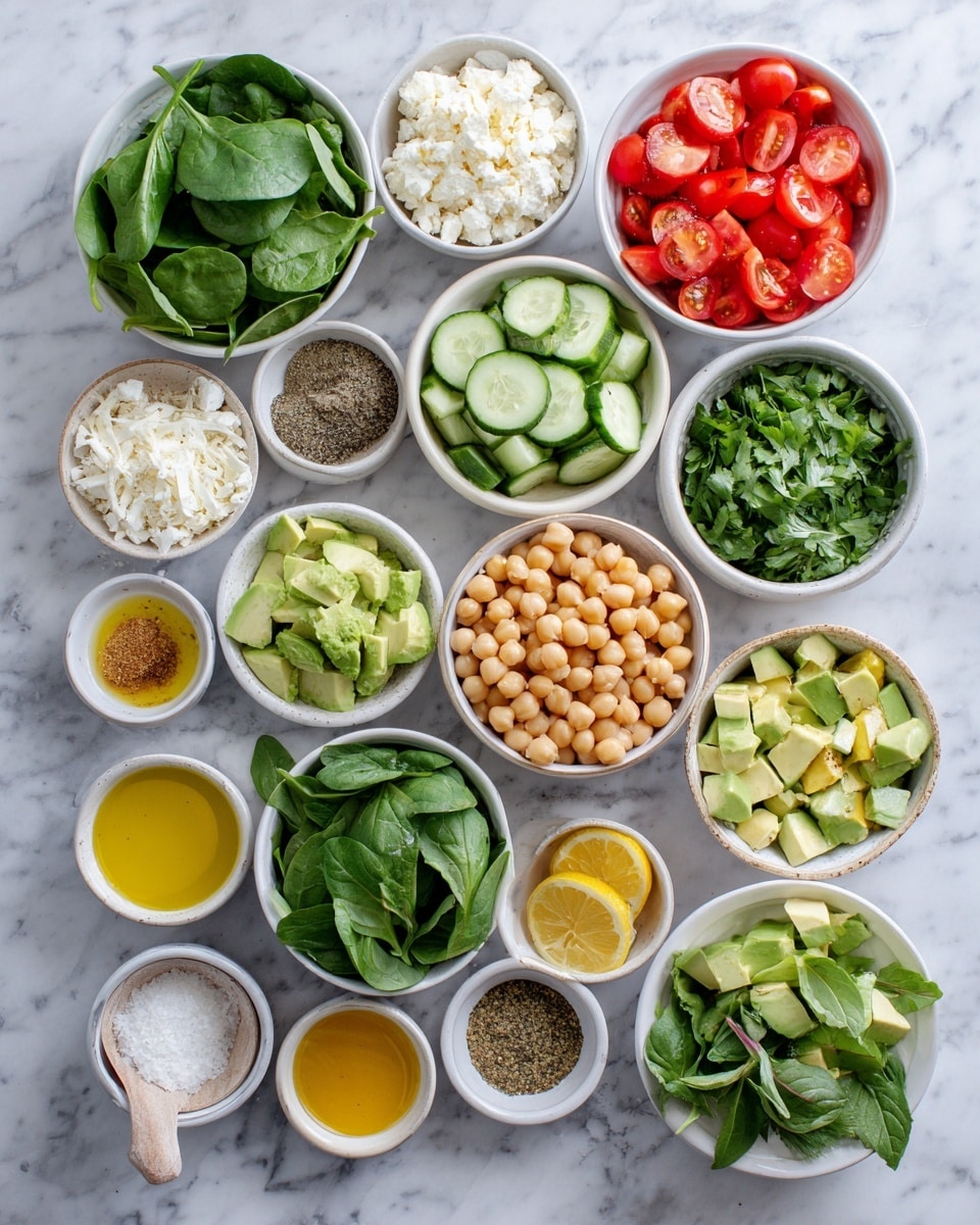 The image shows 15 small round white bowls arranged in a circular pattern on a white marbled surface. At the center, there is a bowl of beige chickpeas with a slightly rough texture. Surrounding it are bowls with various ingredients: diced bright red cherry tomatoes, chopped deep green spinach leaves, sliced light green cucumbers, crumbled white feta cheese, creamy pale yellow avocado halves, and finely chopped dark green parsley. Smaller bowls contain smooth yellow Dijon mustard, light brown cumin powder, white salt, and golden olive oil. There is also a bowl of minced white garlic and onion powder mix, fresh oregano leaves, a pale yellow lemon juice, a light green agave syrup, and a dish of black pepper. A woman's hand is gently touching one of the bowls. Photo taken with an iphone --ar 4:5 --v 7