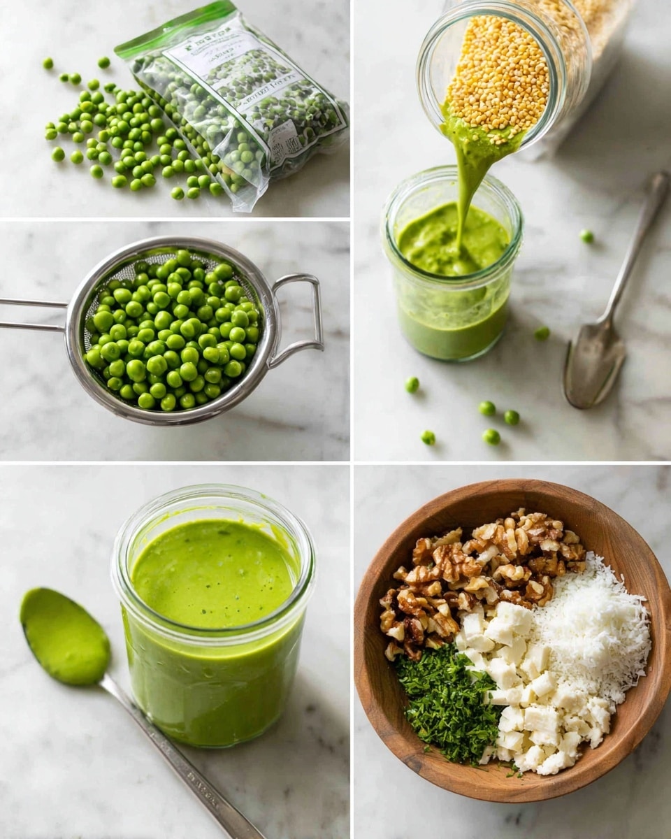 The image shows six stacked photos of ingredients and a green sauce preparation on a white marbled surface. The first photo has a green and white frozen green peas bag. The second photo shows small yellow grains spilling out of a tipped clear glass jar. The third photo displays bright green peas in a shiny metal colander. The fourth photo captures a bright green sauce being poured into a small clear glass jar. The fifth photo features the same jar filled with the green sauce beside a silver spoon with sauce dripping. The last photo displays a wooden bowl with five separate piles of ingredients: bright green peas, white cottage cheese, chopped walnuts, chopped green herbs, and a pale grain (possibly couscous). Photo taken with an iphone --ar 4:5 --v 7
