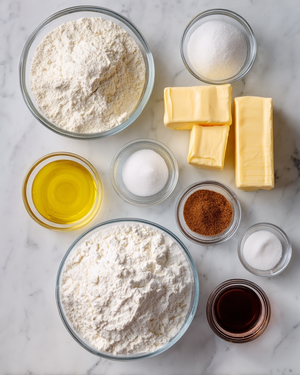 The image shows a white marbled surface with several baking ingredients neatly arranged. There is a clear glass bowl filled with white flour at the top left and next to it, a clear glass filled with white sugar. Below them, two sticks of yellow butter are placed side by side. Small glass bowls with white salt, light brown sugar, and dark brown sugar sit close together to the right. On the lower left, two small glass bowls hold yellow liquid, likely melted butter and oil. A larger clear bowl filled with more white flour is near the bottom center. Everything is arranged neatly on the white marbled background, giving a clean and organized look. Photo taken with an iphone --ar 4:5 --v 7