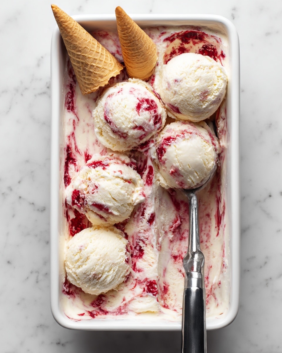 The image shows a clear rectangular glass dish filled with several scoops of creamy ice cream that has red swirls mixed throughout. Three light brown ice cream cones rest on top of the ice cream, positioned diagonally with textured waffle patterns. A woman's hand uses a shiny black ice cream scoop to serve a round scoop of ice cream from the side. The scene sits on a white marbled surface with two more empty cones lying nearby. The ice cream has a smooth, creamy texture with visible red streaks running through it, making it look colorful and appetizing. photo taken with an iphone --ar 4:5 --v 7