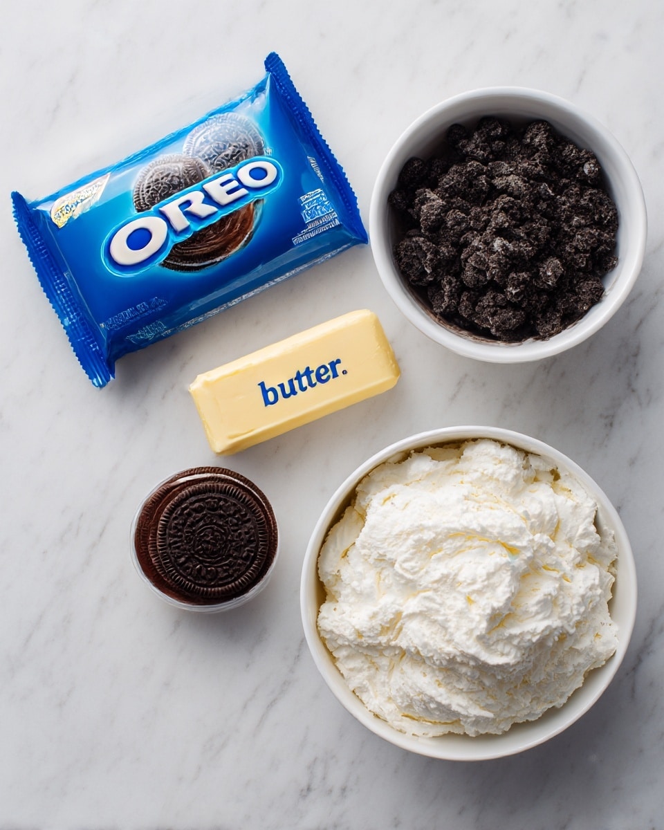 The image shows five separate clear containers arranged on a white marbled surface. In the top left is a blue pack of Oreo cookies with the label visible. To its right is a white bowl filled with off-white Oreo ice cream, showing a creamy texture. Below the pack is a small clear cup holding a solid slab of butter with a smooth surface. Next to it is a small clear plastic cup filled with dark brown hot fudge sauce, glossy and thick. At the bottom center is a clear bowl of whipped topping, white and fluffy with soft peaks. photo taken with an iphone --ar 4:5 --v 7