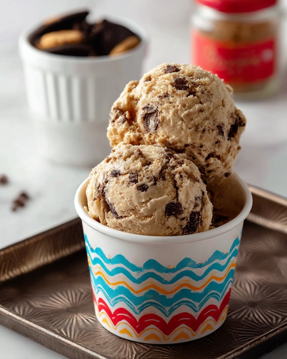 A white cup with colorful wave patterns on the outside is filled with three large scoops of light brown ice cream streaked with dark brown cookie pieces, showing a creamy and chunky texture. The cup is placed on a dark wooden tray with visible grain and round indentations, set against a white marbled surface. In the blurred background, a white bowl holds crushed dark cookie pieces, while two small containers, one white and one light blue, hold dark brown sauces. photo taken with an iphone --ar 4:5 --v 7