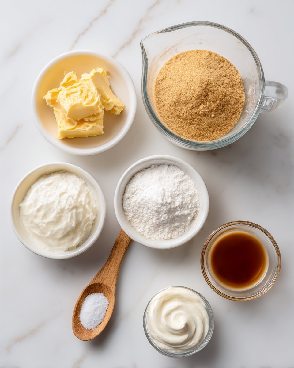 The image shows six small bowls and a measuring cup arranged neatly on a white marbled surface. The top left bowl contains a smooth, yellow-colored unsalted butter. To its right, there is a bowl filled with dark brown sugar that has a crumbly texture. Below the butter, a clear glass measuring cup is filled with white whole milk. Next to the brown sugar, there is a small white bowl with a white powdery ingredient identified as cornstarch. Below the milk, a ring of coarse kosher salt is placed directly on the white marbled surface. To the right of the salt, a small dollop of smooth, white cream cheese sits in a small white bowl. Lastly, a tiny white bowl contains clear vanilla extract. All items are clearly separated and easy to see. Photo taken with an iphone --ar 4:5 --v 7