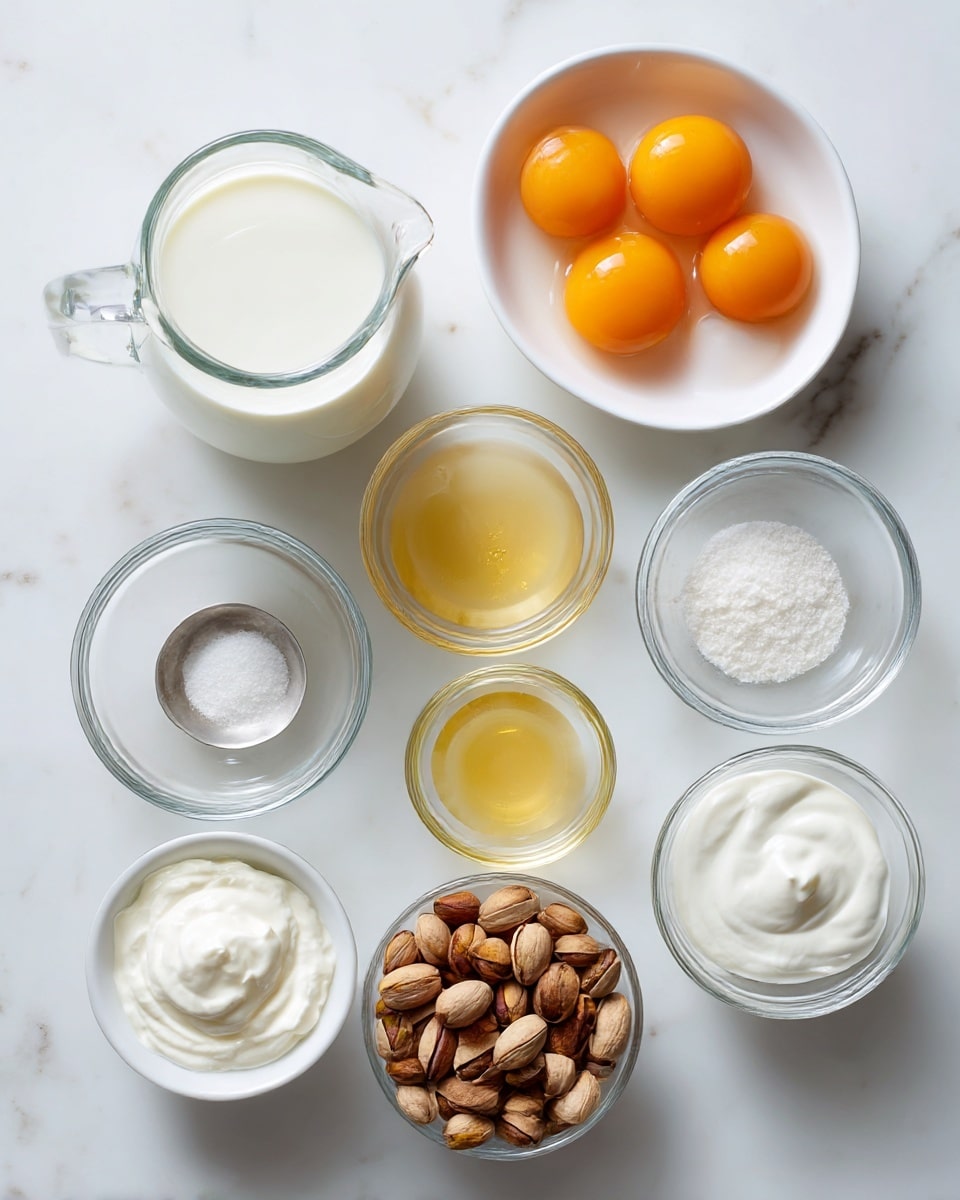 The image shows a white marbled surface with several clear glass bowls and a white ceramic bowl arranged neatly. At the top left, there is a clear glass jug filled with whole milk. Below it is another clear glass jug containing heavy cream. Near the center is a white ceramic bowl filled with shelled pistachios. To the right of the pistachios is a small clear glass bowl with sugar. Above that is a small bowl with almond extract, next to a tiny bowl of salt. Above the pistachios, there is a white bowl holding four raw eggs with visible yolks. At the top center, a small bowl contains vanilla extract. The scene is bright and clean, with all containers carefully spaced on the white marbled surface, photo taken with an iphone --ar 4:5 --v 7