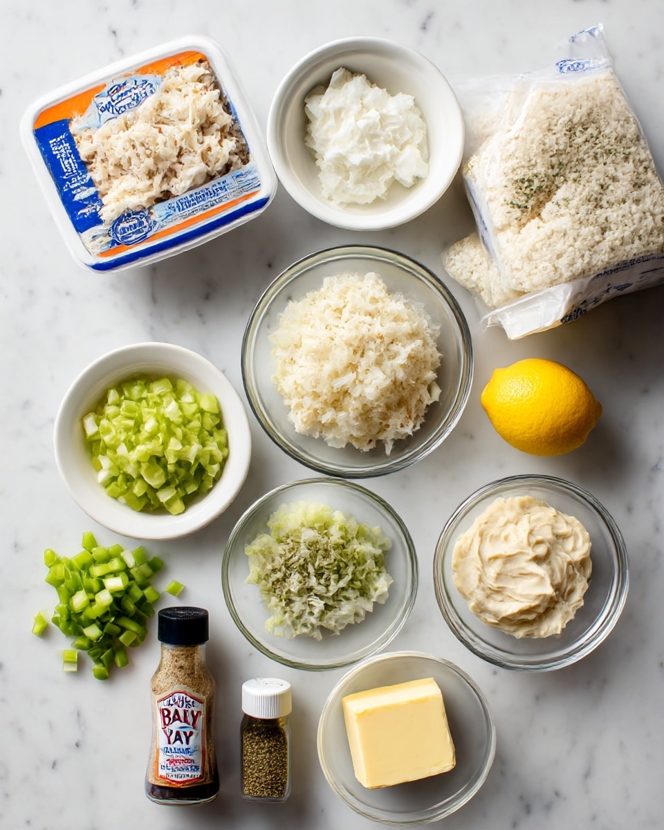 A white marbled surface holds ingredients for a crab stuffing mix, arranged neatly: a blue container of crab meat in the top left, a white bowl of half and half creamy liquid below it, with finely chopped light green celery next to it. A mound of small white onion pieces sits center, beside a white bowl filled with creamy off-white mayonnaise. To the left of the onion, a fresh yellow lemon wedge is placed. Below these, a small white jar of red Old Bay seasoning sits next to a white dab of butter and a small bottle of Worcestershire sauce with a dark brown liquid. At the top right corner is a bag of seasoned herb stuffing mix with blue and white packaging. The scene is lit naturally, presented simply, photo taken with an iphone --ar 4:5 --v 7