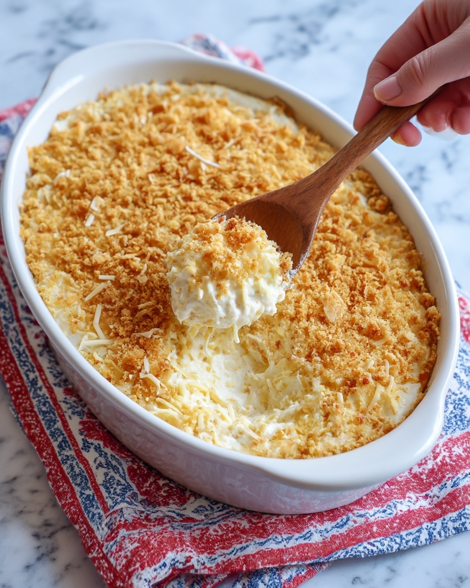 The image shows a white round baking dish with a creamy, thick dip inside. The top layer is golden brown and crumbly, looking like toasted breadcrumbs or crushed crackers. Beneath the top layer is a white creamy mixture with bits of yellow and green, likely shredded cheese and herbs. A wooden spoon is scooping the dip, held by a woman's hand from the right side of the dish. The dish rests on a white marbled surface with a colorful fabric partly visible underneath. Photo taken with an iphone --ar 4:5 --v 7