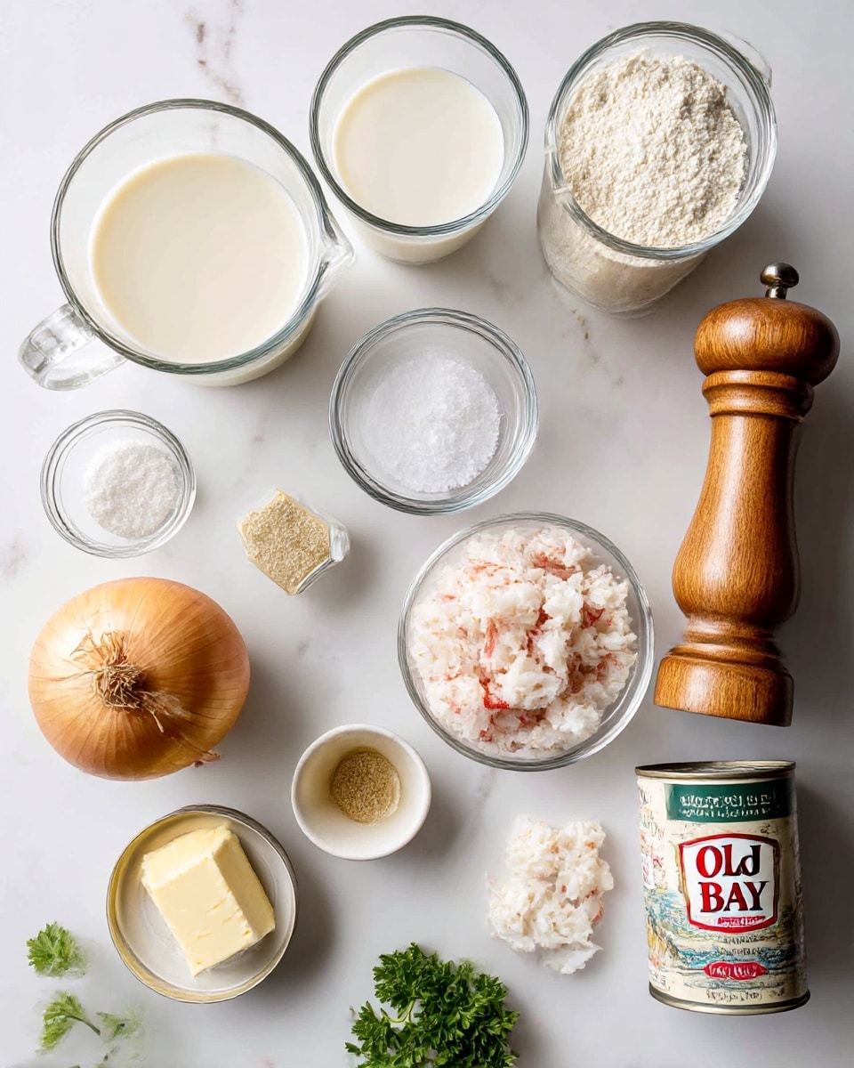 The image shows various ingredients neatly arranged on a white marbled surface. There is a clear glass measuring cup filled with heavy cream sitting near the top left. Next to it, a small bowl of white flour, a whole brown onion, and small containers of salt and pepper are placed. Below these, a bowl holds jumbo lump crab meat with a flaky texture, and nearby is a small brown onion, a can of Old Bay seasoning with a bright blue and red label, and a bowl of Half & Half cream. A vintage-style pepper grinder is also visible. Small bunches of green herbs are in the corner, adding a fresh touch. Photo taken with an iphone --ar 4:5 --v 7