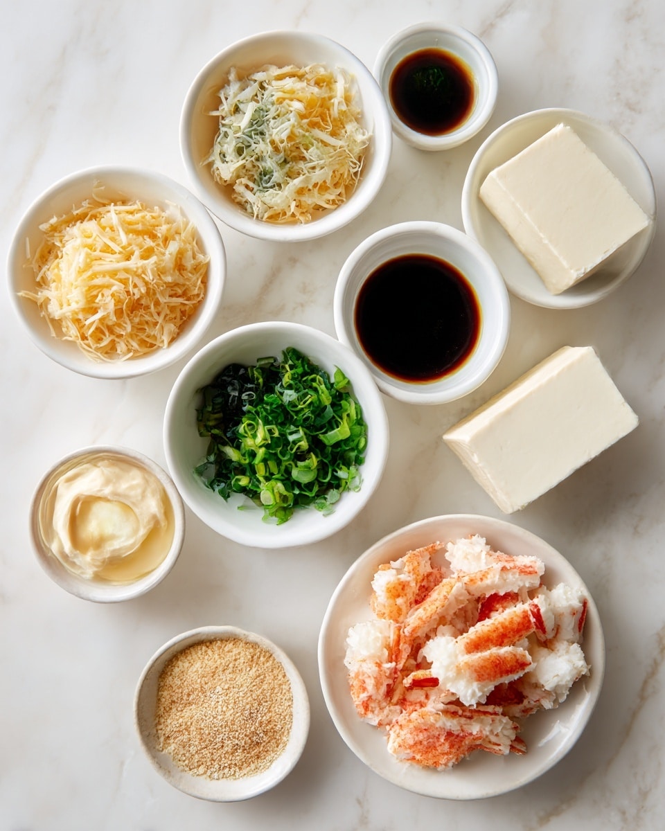 The image shows a white marble surface with ten small white bowls arranged neatly. The bowls hold various ingredients: one contains shredded white cheese, another chopped green onions, a third has dark brown soy sauce, a fourth holds white cream cheese in a block, a fifth contains small pieces of crab meat, the sixth has a bright red sauce, the seventh shows minced garlic, the eighth has a block of pale yellow tofu, the ninth holds more chopped green onions, and the last bowl contains dark black soy sauce. Everything is clean and bright, clearly separated on the white marbled background. Photo taken with an iphone --ar 4:5 --v 7