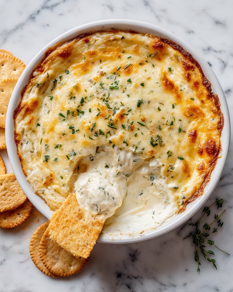 A round white bowl filled with a creamy, thick dip topped with a golden-brown baked cheese layer, slightly bubbly and browned in spots, with small green chive pieces scattered on top. One side of the dip is scooped out, revealing a smooth, creamy white and light orange texture beneath the baked cheese. A few light tan, cracked crackers are dipped into the exposed creamy part. The bowl sits on a white marbled surface with a few square crackers and green parsley on the side. Photo taken with an iphone --ar 4:5 --v 7