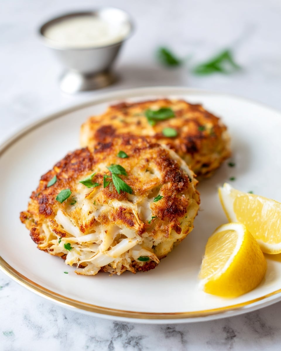 Two golden crab cakes sit on a white speckled oval plate with a light brown edge, placed on a soft blue and white striped cloth over a white marbled surface. Each crab cake is round, with a rough texture showing pieces of crab meat mixed with green herbs, and has slightly browned, crispy edges. Thin lemon slices rest on the side of the plate, adding a fresh yellow color contrast. The background is softly blurred, keeping the focus on the crab cakes. Photo taken with an iphone --ar 4:5 --v 7