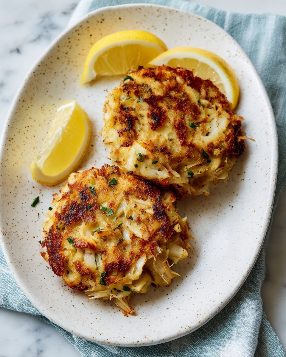 The image shows two golden brown crab cakes on a white plate with a thin gold rim, sitting on a white marbled surface. Each crab cake has a rough, textured surface with visible white crab meat strands mixed with a crispy, browned crust. Around the crab cakes, there are fresh green parsley leaves, bright yellow lemon wedges, and a small metal cup of white sauce on the right side, slightly blurred. The colors are warm and inviting, with the crab cakes at the front in sharp focus and the background softly blurred. photo taken with an iphone --ar 4:5 --v 7