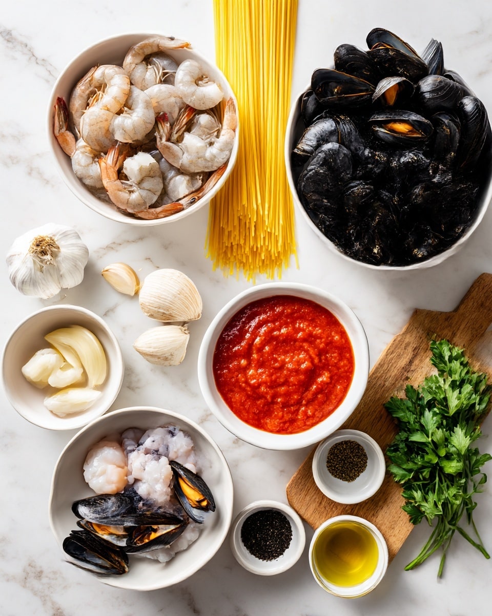 The image shows a white marbled surface with various ingredients neatly arranged in separate white bowls and small containers. There is a bowl of raw shrimp with shells, a bowl of uncooked mussels with dark shells, a plate of uncooked scallops, and a plate of raw squid rings and tentacles. A white cup holds bright red tomato sauce, and some uncooked yellow spaghetti pasta is placed diagonally on the surface. Small white bowls contain chopped garlic and a yellow liquid, possibly olive oil. A wooden board holds two small white bowls with black pepper and salt, and a small container of yellow liquid, likely butter. Fresh green parsley is placed near the bottom of the image. The photo taken with an iphone --ar 4:5 --v 7