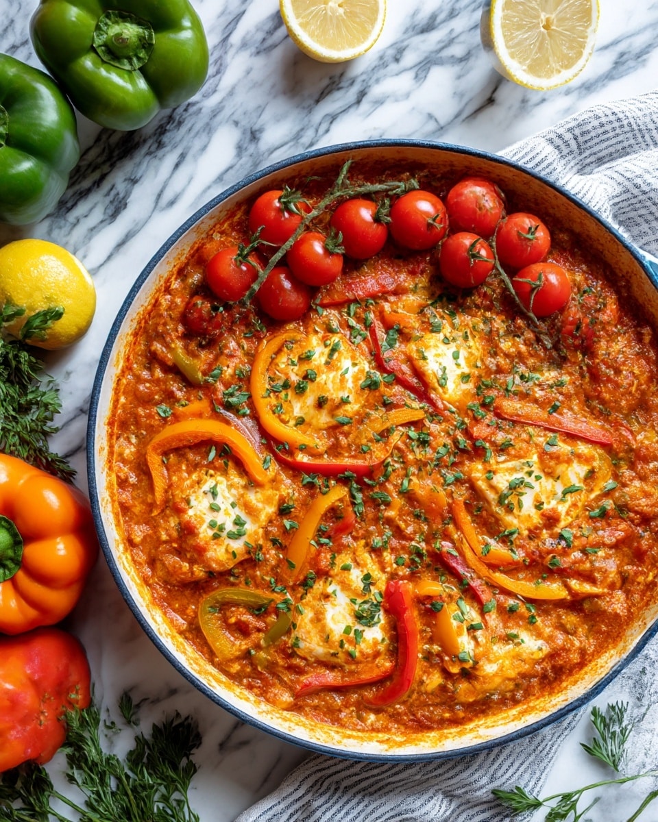 A round light blue pan filled with a rich, orange-red sauce contains several pieces of cooked white fish arranged across the surface. Red and green bell pepper slices lie mixed with the fish, adding vibrant green and red colors. On one side, a bunch of whole red cherry tomatoes on the vine rests partially in the sauce, topped with small sprinkles of chopped green herbs. The pan sits on a white marbled surface, surrounded by whole green, red, and orange bell peppers, lemon halves, fresh green herbs, and a white cloth with black stripes nearby. Photo taken with an iphone --ar 4:5 --v 7