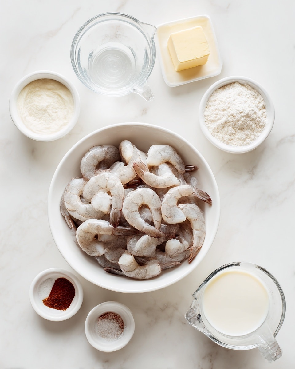A white bowl filled with raw peeled shrimp sits in the center of the image, the shrimp showing a mix of light gray and pale pink colors with a smooth, moist texture. Surrounding the bowl are six small white dishes and a clear glass measuring cup, all placed on a white marbled surface. To the right of the shrimp bowl, a small white dish holds a cube of light yellow butter, above it another small white dish contains white flour. Below the shrimp bowl, from left to right, there is a white bowl filled with cream, a tiny white bowl with coarse salt, another tiny white bowl with reddish paprika powder, a small white bowl with clear liquid, and at the bottom center is a glass measuring cup filled with milk. The scene is bright with soft, natural lighting, and the image is neat and organized. photo taken with an iphone --ar 4:5 --v 7
