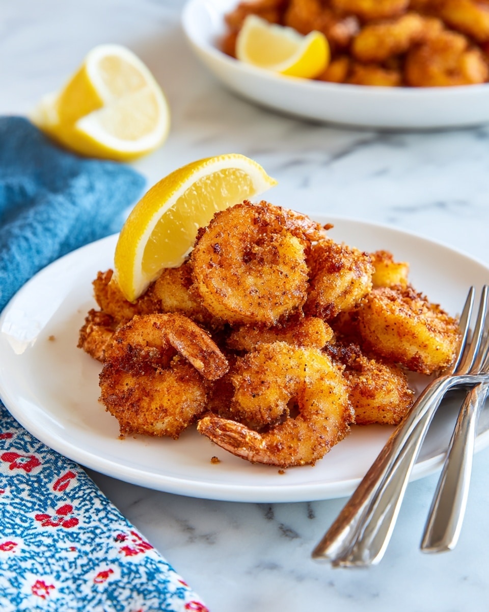 A white plate holds a pile of golden-brown fried shrimp with a crispy, crunchy texture, each shrimp slightly curled and showing a speckled seasoning on the surface. Two bright yellow lemon wedges rest at the top of the shrimp stack, adding a fresh contrast in color. To the right side of the plate, three silver forks are placed together. The plate is set on a white marbled surface, with a blue cloth featuring small white and red floral patterns partially visible at the bottom left corner. In the background, there is a glimpse of another white plate filled with more fried shrimp. Photo taken with an iphone --ar 4:5 --v 7