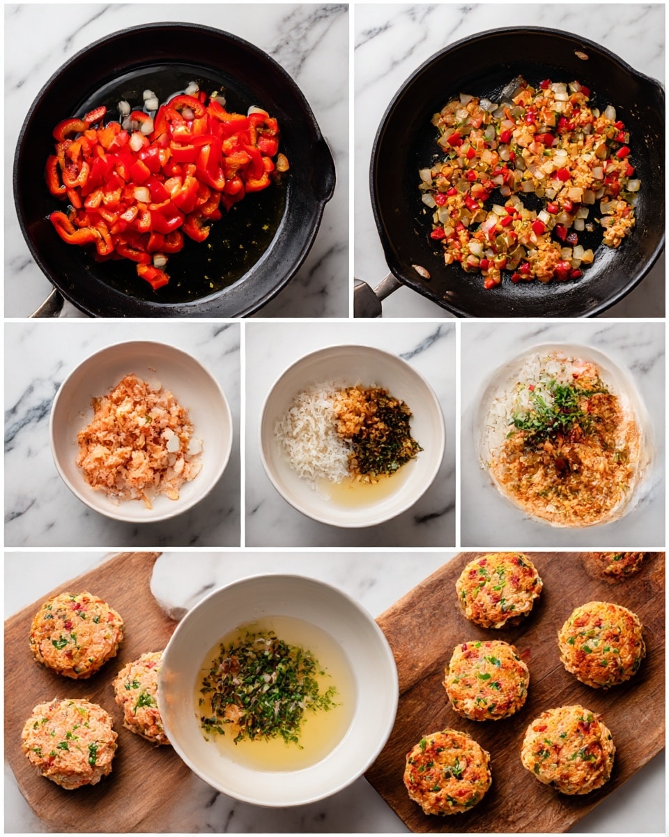 The image collage shows six steps of making salmon patties. The first photo has two separate piles of bright red chopped bell pepper and white chopped onions in a black skillet with oil, on a white marbled surface. The second photo shows the same skillet with the peppers and onions cooked to a golden texture, mixed together. The third photo is a top view of a white bowl holding six different piles: pink cooked salmon flakes, golden cooked peppers and onions, white rice, chopped green herbs, and a pale yellow liquid. The fourth photo shows the same ingredients mixed evenly into a pale salmon-colored textured mixture with green and red bits. The fifth photo shows nine round salmon patties formed on a wooden board, their mixture showing flakes of salmon and bits of herbs clearly. The sixth photo shows the patties frying in the black skillet with oil, their edges crisping and turning golden. Photo taken with an iphone --ar 4:5 --v 7
