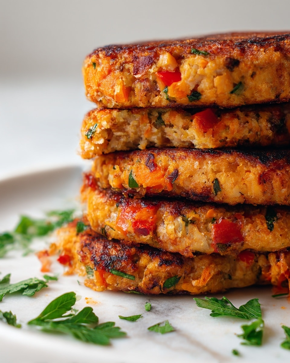 A close-up view of a stack of four golden-brown patties with a crispy texture, showing bits of orange carrots, red bell peppers, and green herbs mixed inside. The patties are thick and slightly uneven, with visible charred spots on the surface. They sit on a white plate resting on a white marbled surface, with some fresh green parsley scattered around the base. The lighting highlights the moist, tender interior and crunchy exterior of the patties. photo taken with an iphone --ar 4:5 --v 7