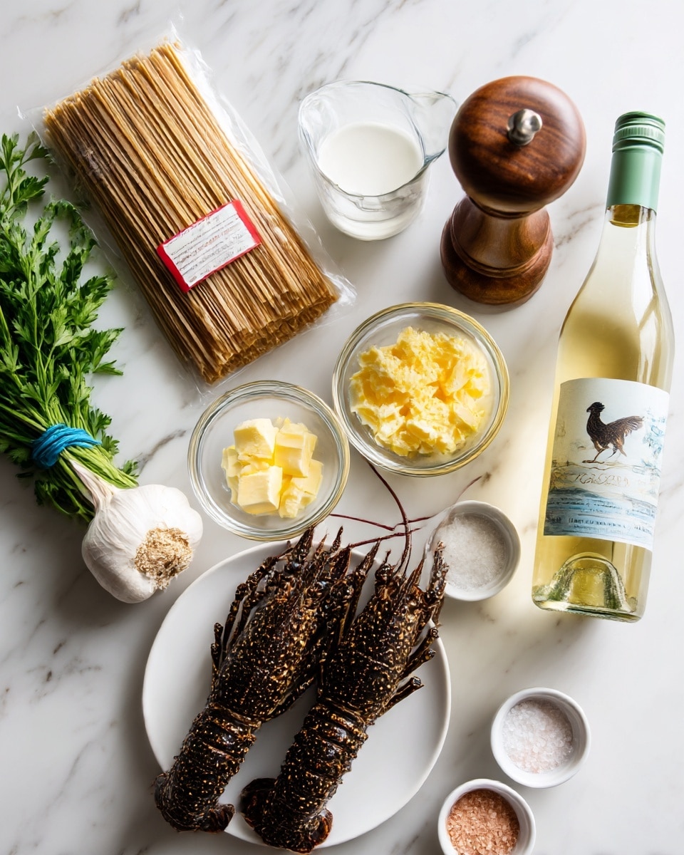 The image shows a group of cooking ingredients arranged neatly on a white marbled surface. There is a package of brown rice fettuccine noodles with a red and beige label placed diagonally on the left, next to a whole garlic bulb and a fresh green parsley bunch tied with a blue band. In the center, there are clear glass bowls holding yellow butter chunks, grated pale parmesan cheese, and a white liquid heavy cream in a glass measuring cup. A large wooden pepper grinder stands upright to the right of the butter. Below, a white plate holds three dark brown lobster tails with textured shells. Next to the plate is a bottle of pale yellow white wine with a green cap and a rooster label. There are also two small white bowls holding seasonings and pink salt, completing the set of ingredients. photo taken with an iphone --ar 4:5 --v 7