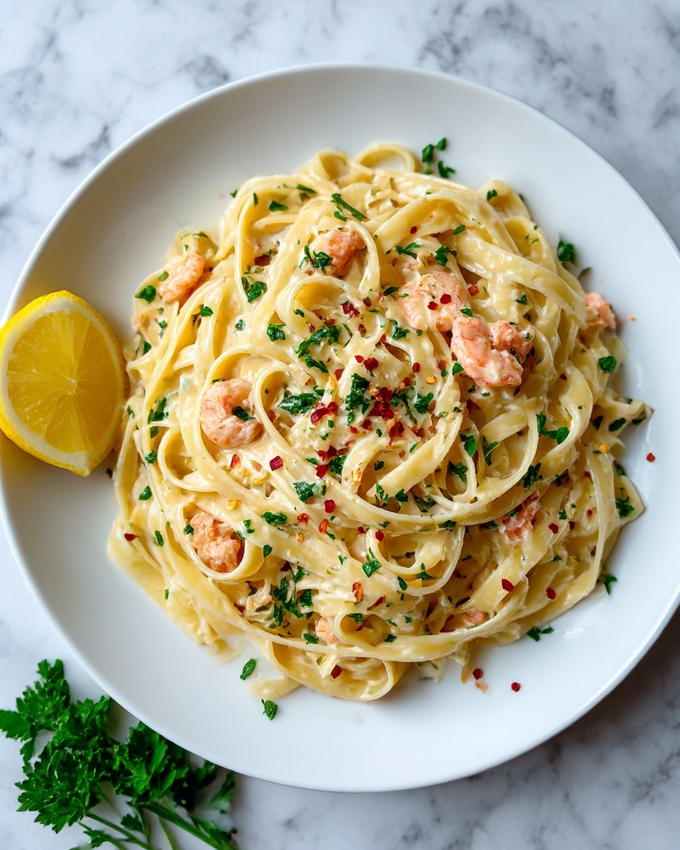 This image shows a round white plate filled with creamy fettuccine pasta. The pasta is light yellow, with a smooth and slightly glossy texture from the sauce. Scattered across the top are small pieces of pinkish shrimp and bits of green parsley giving a fresh look. There are also tiny red pepper flakes spread evenly, adding color contrast. On the side of the plate, a lemon wedge and a small bunch of parsley leaves sit neatly. The plate is on a white marbled surface. Photo taken with an iphone --ar 4:5 --v 7