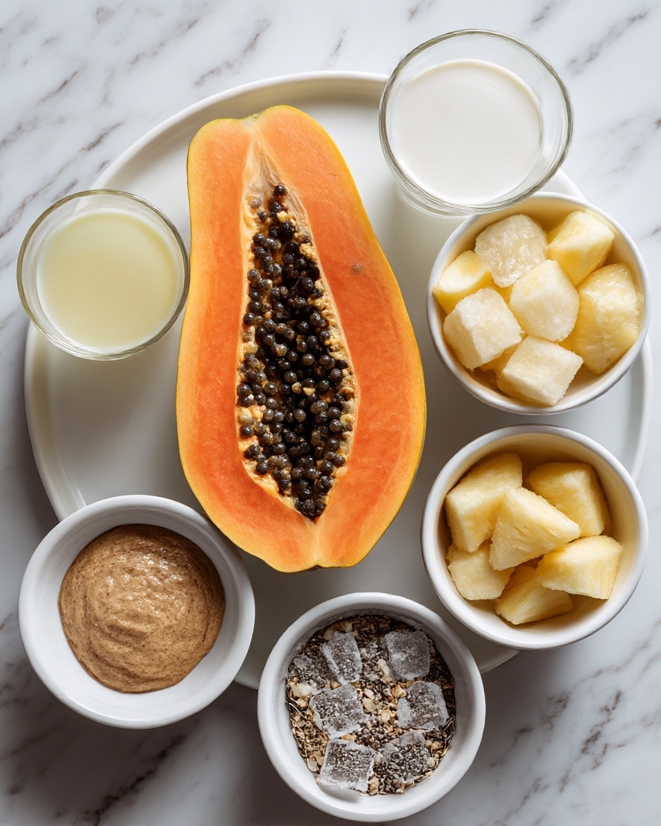 The image shows a white plate with a halved papaya in the center, its bright orange flesh and black seeds clearly visible. Around it, a white bowl contains a creamy white liquid labeled coconut milk. Nearby, a small glass holds pale yellow lime juice. Another white bowl is filled with frozen chunks of banana and pineapple, ice crystals visible on the fruit. A separate small white bowl has light brown almond butter with a smooth texture. Lastly, a mix of chia seeds and muesli is in another white bowl, showing a combination of small seeds and grainy bits. All items are arranged on a white marbled surface. Photo taken with an iphone --ar 4:5 --v 7