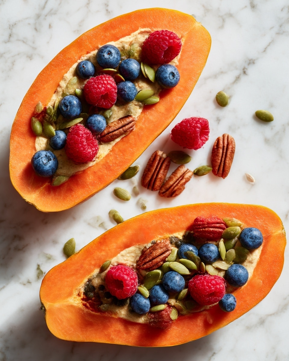 Two orange papaya halves lie on a white marbled surface, each filled with a creamy beige layer of fruit puree or yogurt, topped with bright blue blueberries and red raspberries. Small brown pecans, green pumpkin seeds, and pale sunflower seeds are sprinkled on top, adding texture. The papaya's smooth skin and bright orange flesh frame the colorful mix, creating a fresh and vibrant look. Photo taken with an iphone --ar 4:5 --v 7