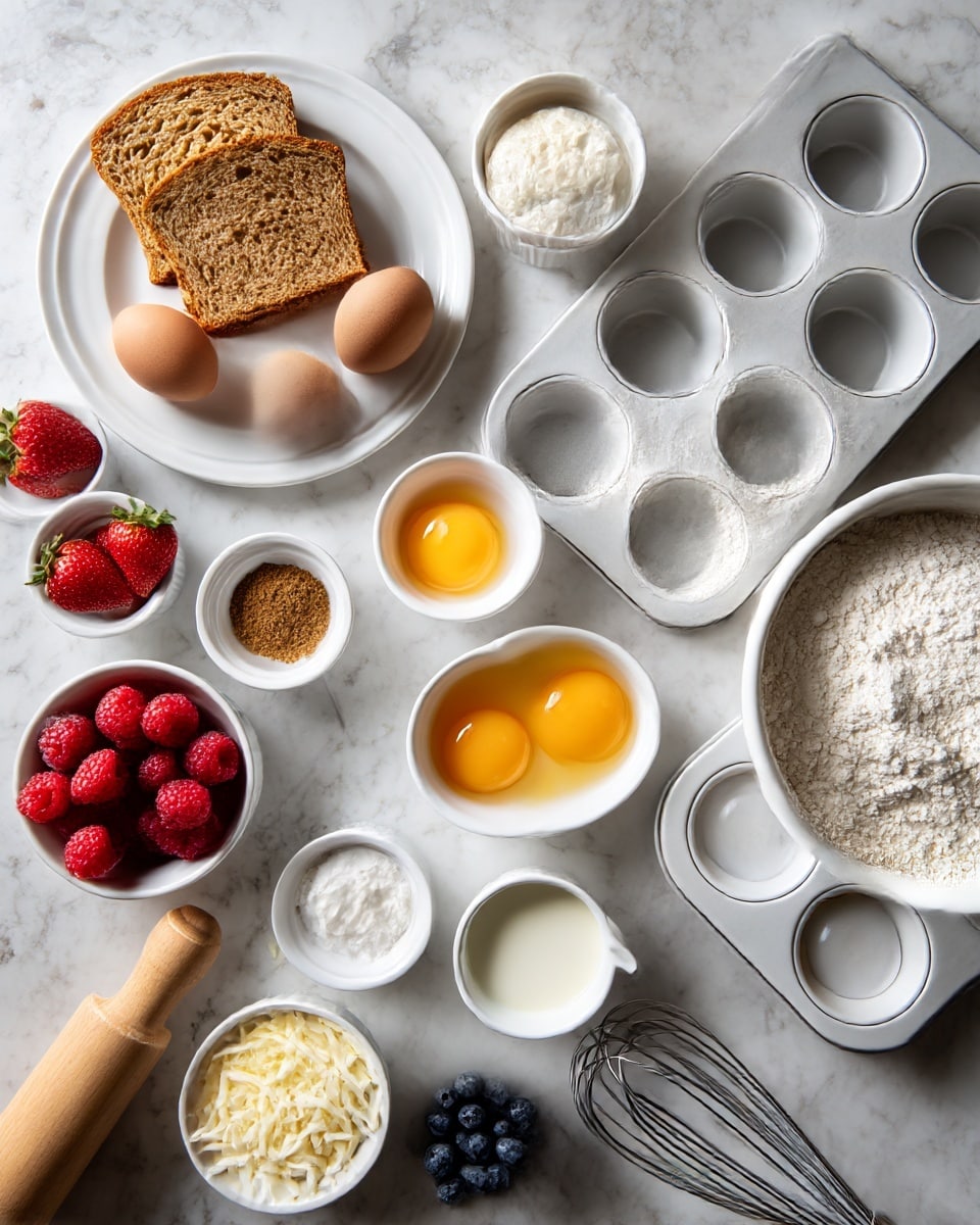 A flat white marbled surface displays an organized baking setup with a white muffin tray on the top right and a white mixing bowl below it filled with flour. To the left, there is a white plate holding three slices of light brown bread. Near the center top, a small white bowl contains three cracked eggs with bright yellow yolks. Several small white cups and bowls contain ingredients such as milk, butter, cream, and a brown spice. Fresh fruit, including red strawberries, raspberries, and blueberries, sit in a white bowl at the bottom left, and a small white bowl of shredded cheese is next to it. A wooden rolling pin and a silver whisk lie on the surface, completing the baking scene. photo taken with an iphone --ar 4:5 --v 7