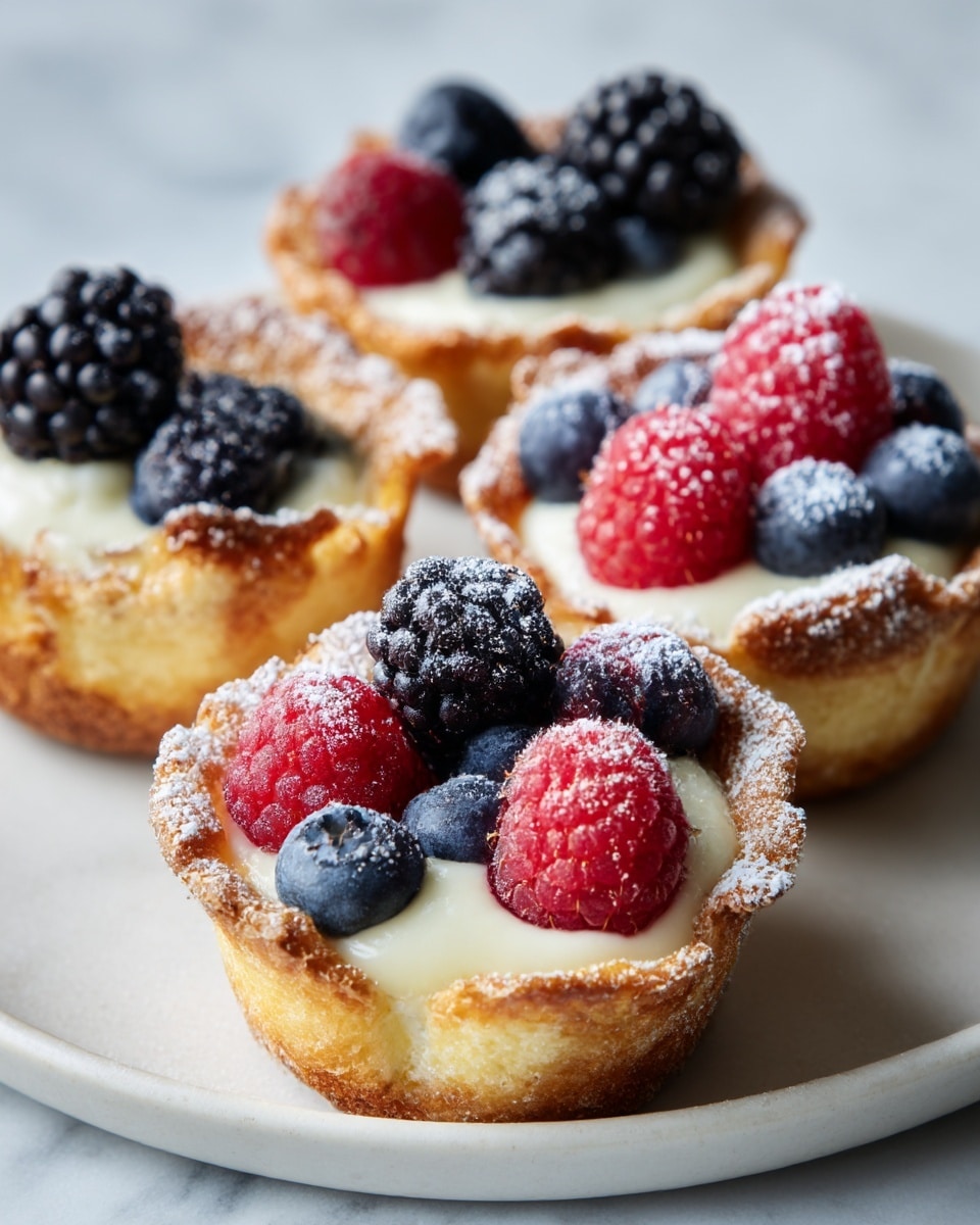 The image shows four small golden brown baked cups with a light, airy texture, each filled with a creamy white layer. On top of the cream, there are fresh berries arranged in small clusters: red raspberries, dark blackberries, and deep blue blueberries. The edges of the cups are slightly crisp and curled, dusted lightly with white powdered sugar that also rests on some of the berries. These cups sit closely together on a simple, white plate with a white marbled surface underneath. The warm light highlights the texture and freshness of the berries and the soft cream inside each cup. photo taken with an iphone --ar 4:5 --v 7