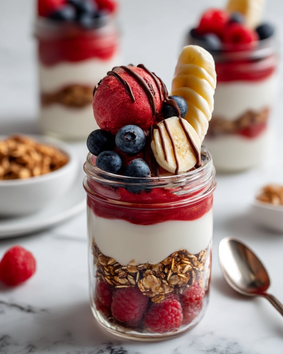 A clear glass jar shows five main layers from bottom to top: at the bottom, whole raspberries with a bright red color; above them, a smooth white yogurt layer; next is a crunchy granola layer with light brown clusters; then another layer of yogurt; topped with a red berry sorbet scoop adorned with a drizzle of dark chocolate and garnished with fresh raspberries, blueberries, and a few slices of pale yellow banana positioned vertically against the side. The jar is placed on a white marbled surface with another similar jar blurred in the background and a small bowl of granola on the side, photo taken with an iphone --ar 4:5 --v 7