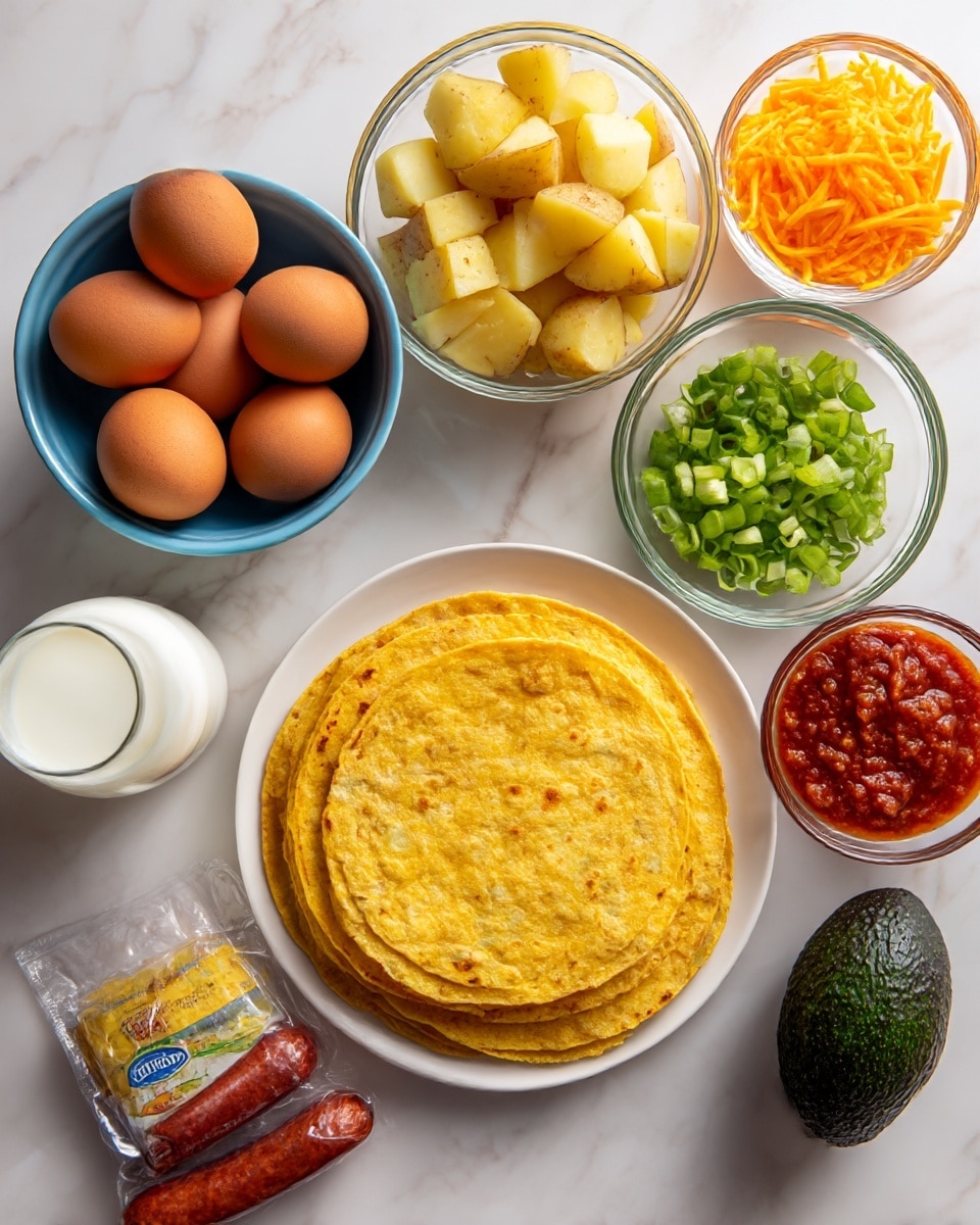 The image shows different ingredients neatly arranged on a surface with a white marbled texture. There is a white plate at the center bottom holding a stack of several yellow corn tortillas with a slightly rough texture. Above the plate and to the right is a small clear glass bowl filled with bright orange shredded cheddar cheese. Next to it on the right is a smaller clear glass bowl with chopped green onions, showing bright green rings. Above these bowls is another clear glass bowl filled with cubed Yukon Gold potatoes, which are yellow with some brown skin pieces. To the left of the potatoes is a blue bowl holding five smooth brown eggs. Below the eggs is a small clear glass container with white milk. At the bottom left corner lies a packaged chorizo sausage with a colorful label. Next to the sausage on the right is a whole dark green avocado with a bumpy texture. A small clear glass bowl filled with chunky red salsa sits to the right of the avocado. The photo taken with an iphone --ar 4:5 --v 7