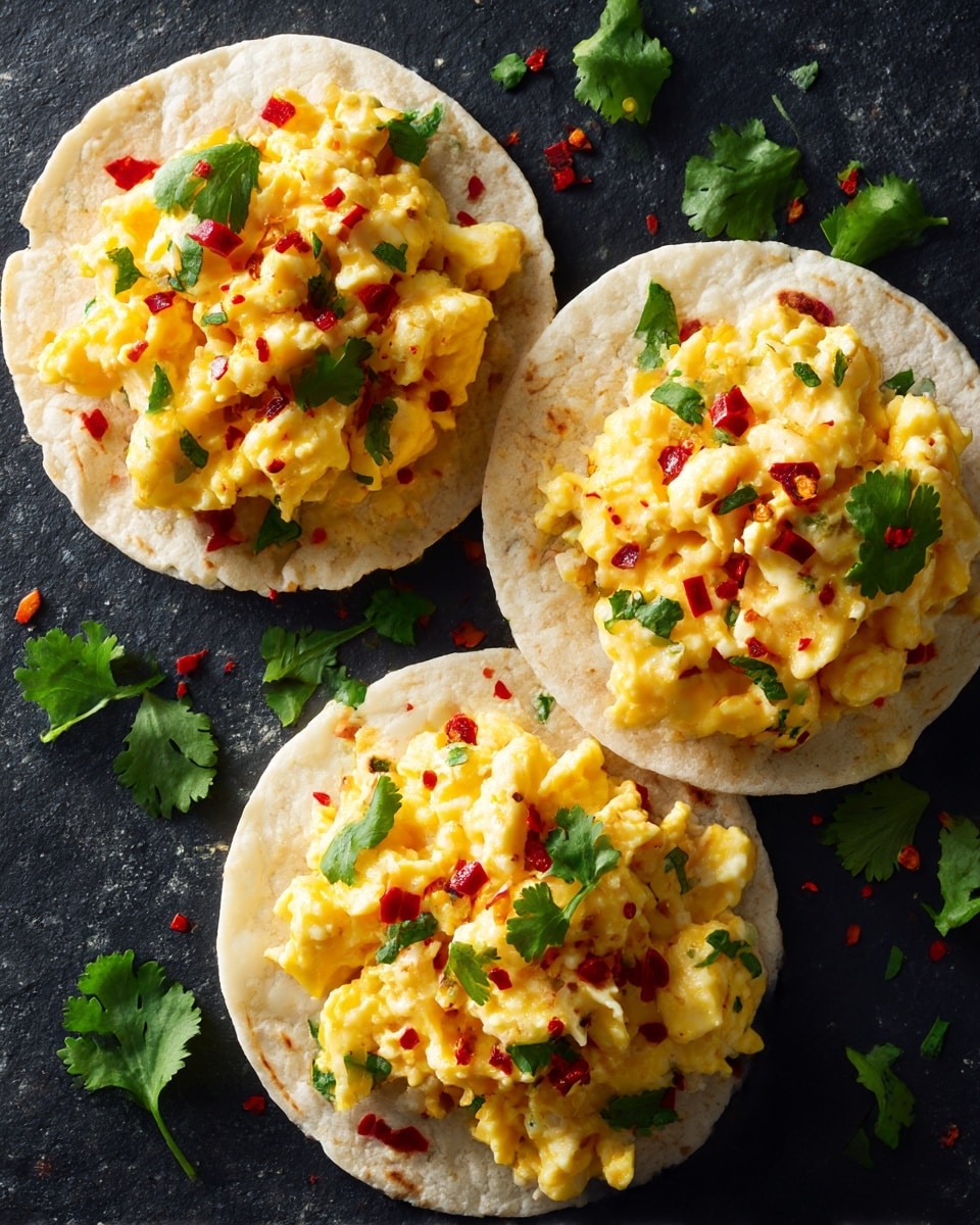 Three small white tortillas are topped with scrambled eggs mixed with melted cheese, giving a soft, slightly creamy texture. On top of the eggs, small pieces of red chili flakes and fresh green cilantro leaves are scattered, adding a pop of color. The tortillas are placed close together on a dark slate surface, and a few loose cilantro leaves are spread around them for decoration. The lighting highlights the warm, golden tone of the eggs and the fresh green of the herbs. Photo taken with an iphone --ar 4:5 --v 7