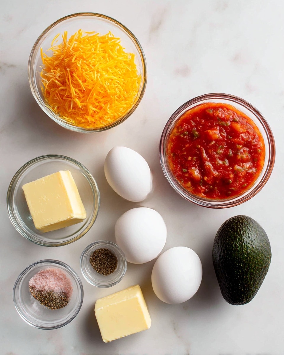 The image shows six main ingredients on a white marbled surface: a clear glass bowl with bright yellow and orange shredded cheese on the top left, a clear glass bowl with chunky red salsa with bits of green on the top right, three large white eggs placed side by side below the cheese and salsa, a small clear glass bowl with a mix of coarse pink salt and black pepper to the left of the eggs, a small clear glass bowl with two pale yellow slices of butter below the eggs, and a whole dark green avocado labeled as optional on the right side near the butter. Photo taken with an iphone --ar 4:5 --v 7