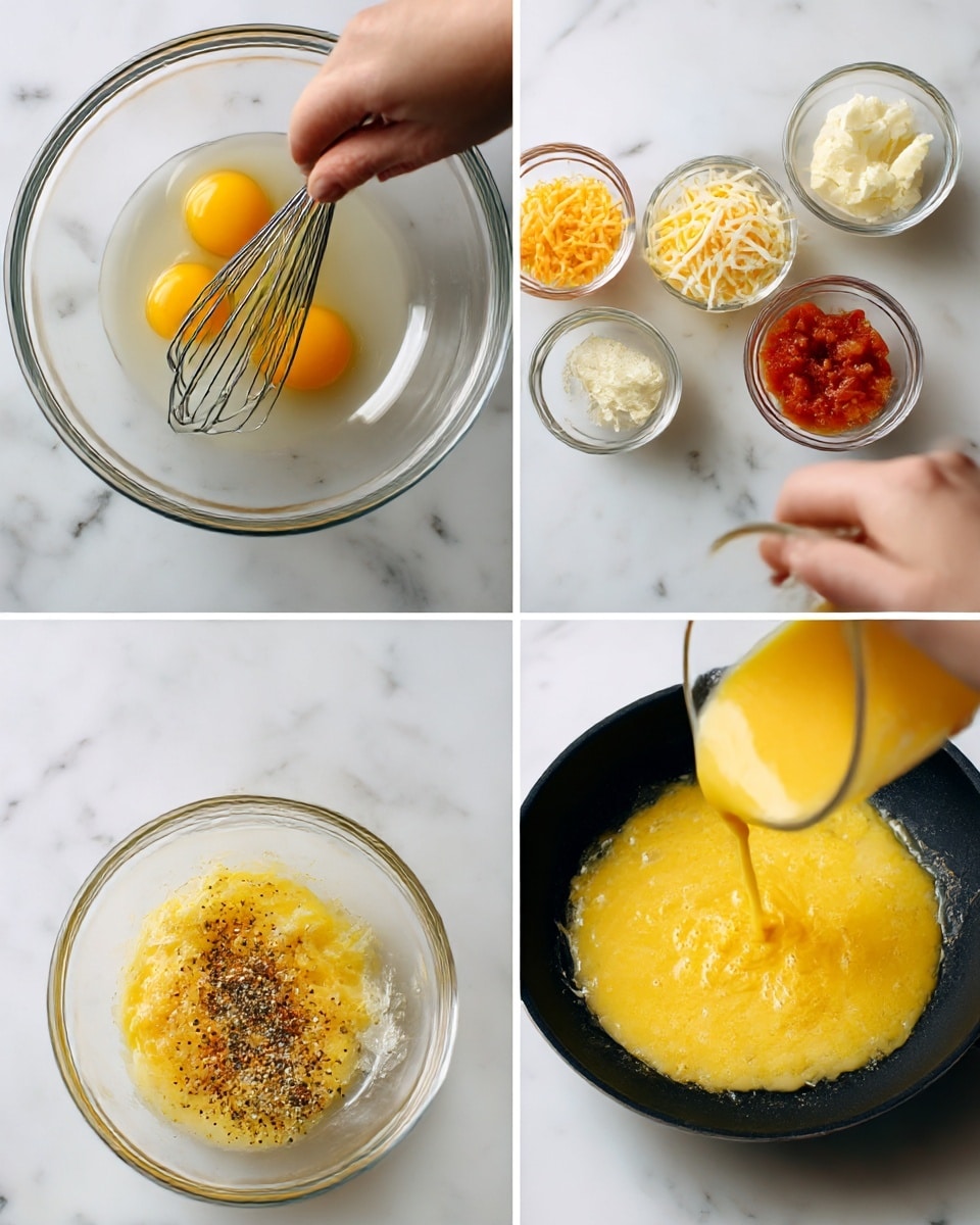 The image shows four steps of making scrambled eggs arranged in a grid on a white marbled surface. The top left corner has a clear glass bowl with three raw eggs, bright yellow yolks and clear whites, with a close woman's hand whisking the eggs; small bowls of butter, salsa, and shredded cheese sit blurred in the background. The top right corner shows the same bowl with the eggs partly mixed into a smooth yellow liquid, with the woman's hand whisking. The bottom left corner zooms in on the bowl of beaten eggs with cracked black pepper added on top, and a blurred woman's hand sprinkling it. The bottom right corner shows a close-up of the yellow beaten eggs being poured from the clear bowl into a black frying pan lined with melted butter. photo taken with an iphone --ar 4:5 --v 7