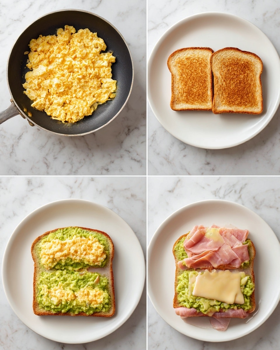 The image shows six steps of making a breakfast sandwich on a white plate over a white marbled surface. Step one features a pan with soft yellow scrambled eggs that look fluffy. Step two shows two golden-brown toasted slices side by side on the white plate. Step three has the same toasts with a layer of bright green avocado spread evenly on top. Step four places the fluffy scrambled eggs on the avocado layer, covering the toasts. Step five adds a layer of light melted cheese over the eggs on both toasts. Step six finishes with slices of pink, thinly sliced meat placed on top of the cheese. The photo is taken with an iphone --ar 4:5 --v 7