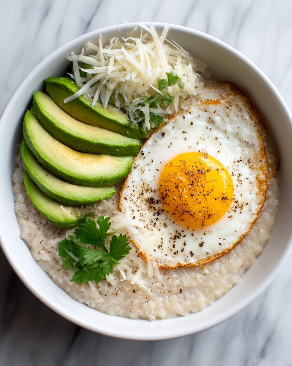 A white bowl filled with a creamy light brown porridge base, topped with three slices of bright green avocado on the left side, a pile of shredded white cheese in the middle, and a poached egg with a soft, runny yellow yolk on the right side, sprinkled with black pepper. Fresh chopped green herbs are scattered over the cheese and avocado for a fresh look. The bowl is placed on a white marbled surface. Photo taken with an iphone --ar 4:5 --v 7