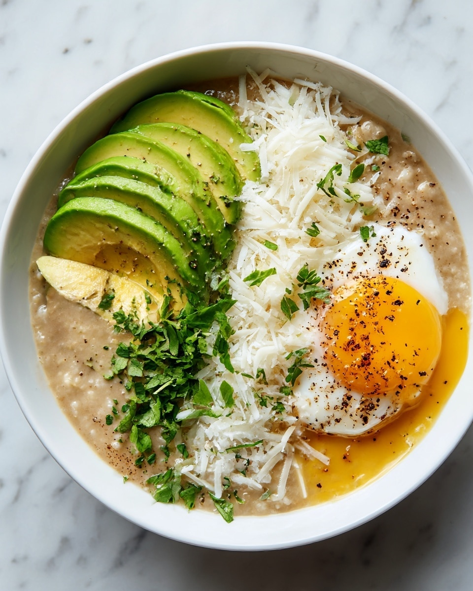 In a white bowl, the base layer is creamy cooked grains with a light brown color and a soft, textured appearance. On the left side of the bowl, there are three bright green sliced avocado pieces arranged in a fan shape. In the center lies a perfectly cooked poached egg with a soft white outer layer and a bright yellow, slightly runny yolk visible in the middle. The egg is topped with a sprinkle of finely grated white cheese and small green herb leaves scattered over the egg and grains. Around the bowl, there are whole brown eggs, a half avocado, and an eggshell on a white marbled surface. Photo taken with an iphone --ar 4:5 --v 7