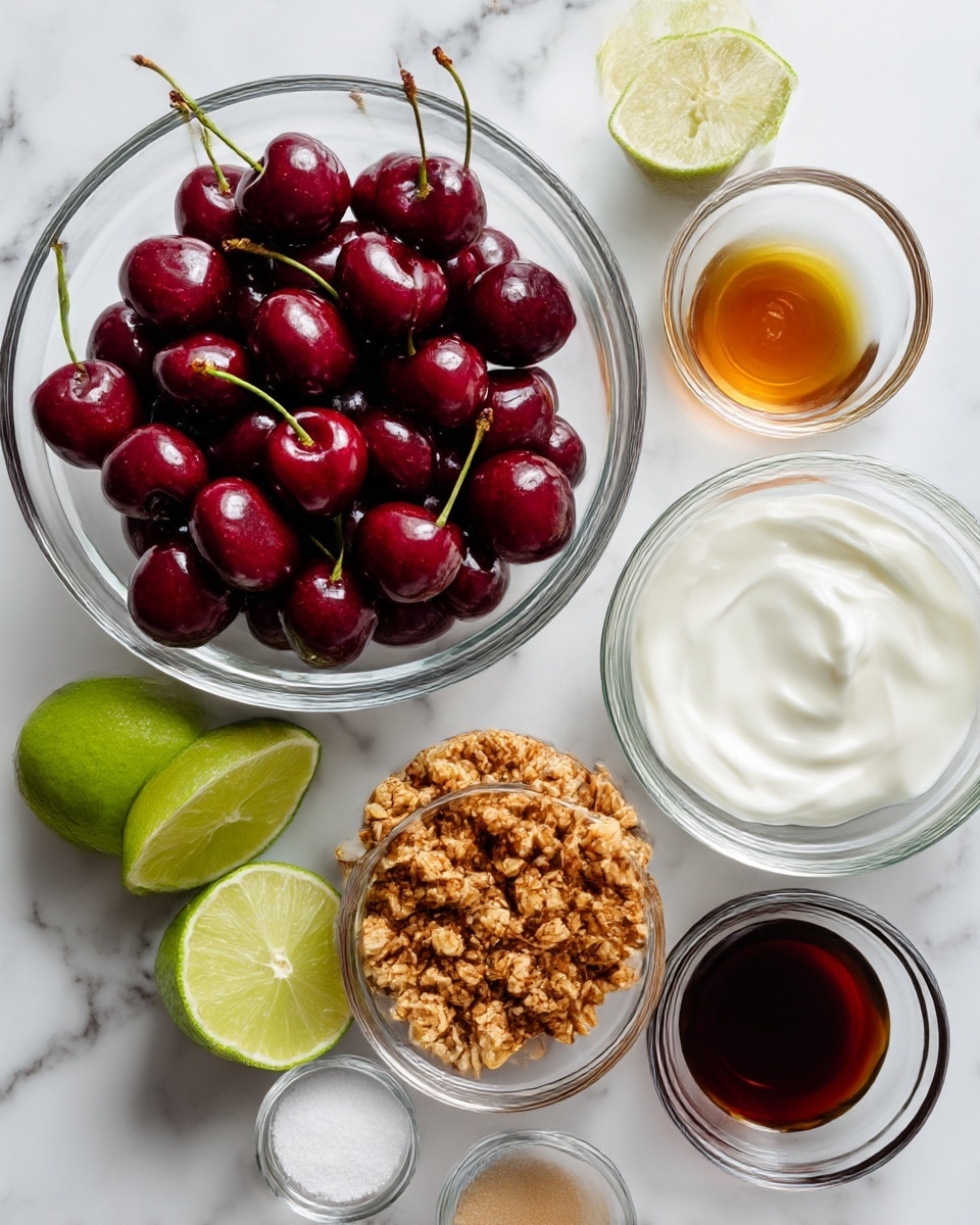 A top view of several clear glass bowls arranged on a white marbled surface, each holding different ingredients: a large bowl filled with shiny, dark red sweet cherries with stems, a smaller bowl of chunky golden-brown granola, and another bowl with smooth, white yogurt. Nearby are two lime halves showing a light green and juicy texture. Small clear bowls contain light brown honey, white sugar, white salt, creamy coconut oil, and dark brown vanilla extract, all placed neatly around the main bowls. photo taken with an iphone --ar 4:5 --v 7