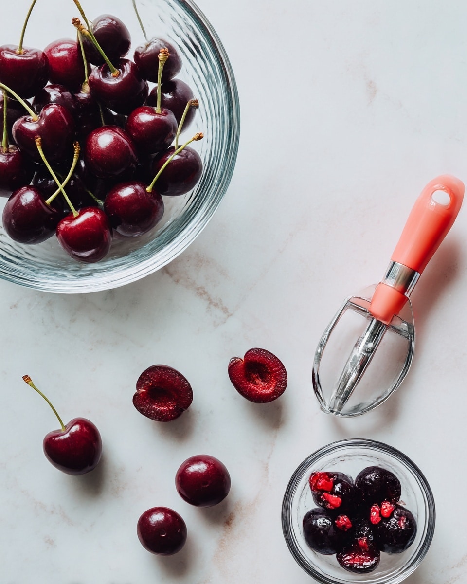 A bright white marbled surface holds a clear glass bowl full of dark red cherries with stems at the top left. Several dark red cherries, some whole and some pitted, are scattered across the surface. At the bottom right, a small clear glass bowl contains shiny dark cherry pits with bits of red fruit on them. To the right, a coral-colored cherry pitter with a silver metal part holds one dark cherry ready to be pitted. The scene is neat and simple with a soft natural light highlighting the shiny texture of the cherries. photo taken with an iphone --ar 4:5 --v 7