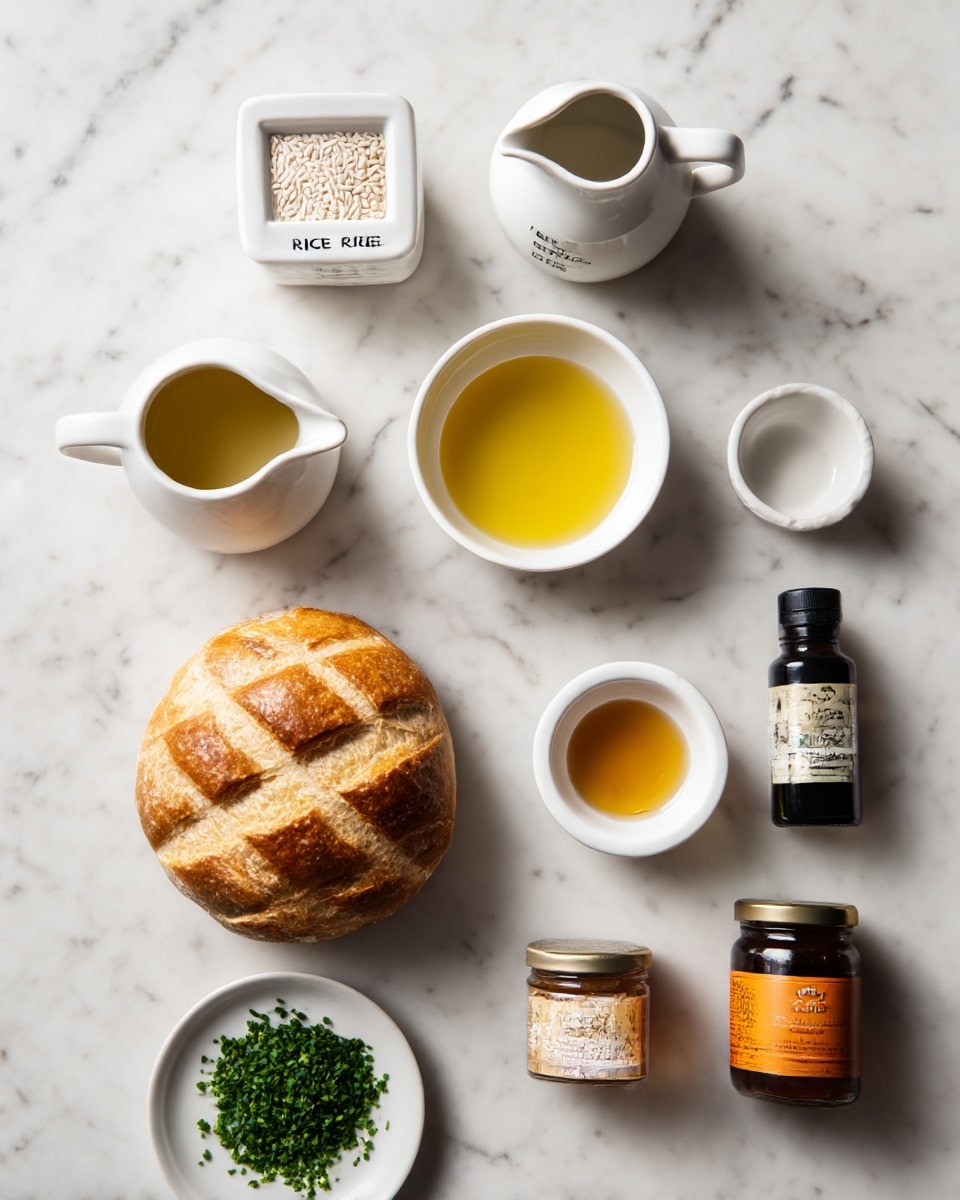 The image shows a white marble surface with several items neatly arranged. At the top center is a small white jug holding a liquid, next to a white container labeled for rice at the left. To the right of the container is a small white bowl filled with a clear yellow liquid, and below that is a small white dish with a golden liquid. Below these, there is a round loaf of bread with a crisscross pattern on top, resting on the marble surface. At the bottom left is a small bunch of chopped green herbs on a white plate, and next to it are two jars, one with an orange label and another dark bottle labeled hot honey. The objects are spaced evenly, all placed on the white marble texture. photo taken with an iphone --ar 4:5 --v 7