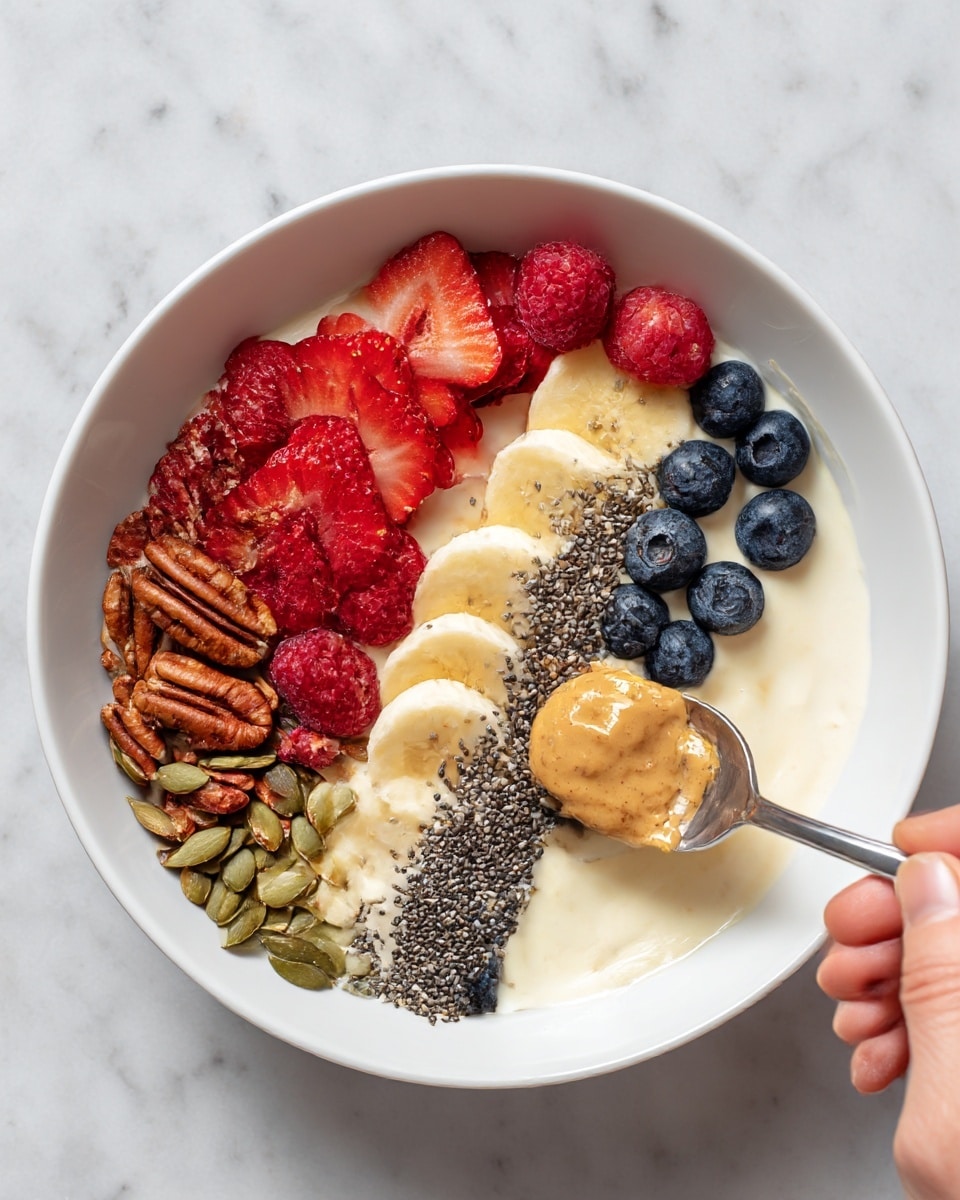 A clear glass bowl on a white marbled surface holds a colorful layered snack. The bottom layer is creamy and light-colored. On top of this are rows of fresh berries, including red raspberries and blue blueberries, along with slices of red strawberries. There are also green pumpkin seeds and small dark chia seeds sprinkled over the top, along with some brown candied nuts. A light brown drizzle of creamy peanut butter runs over the berries and seeds. A shiny silver spoon is placed inside the bowl, angled toward the top left. Photo taken with an iphone --ar 4:5 --v 7